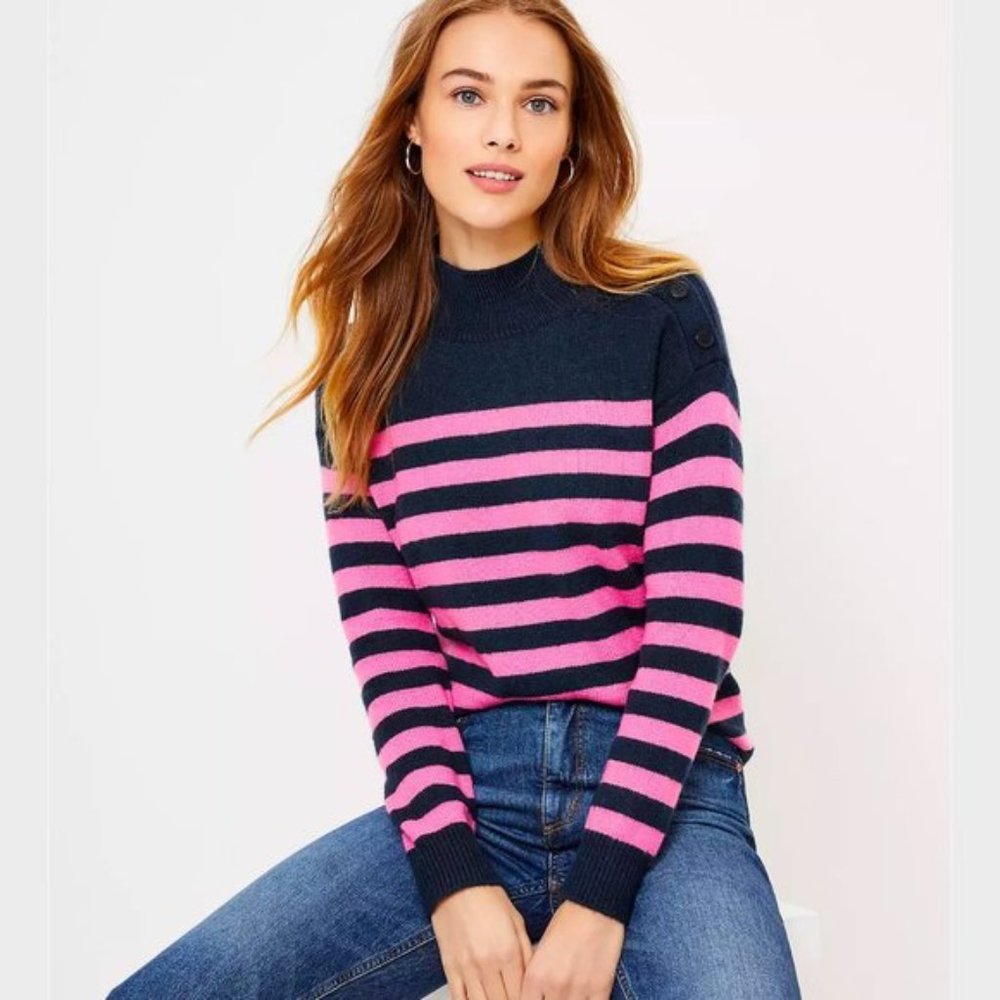 LOFT Navy/Pink Striped Shoulder Button Sweater